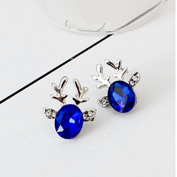 Reindeer Crystal Holiday Earrings Blue Silver New - Picture 2 of 2